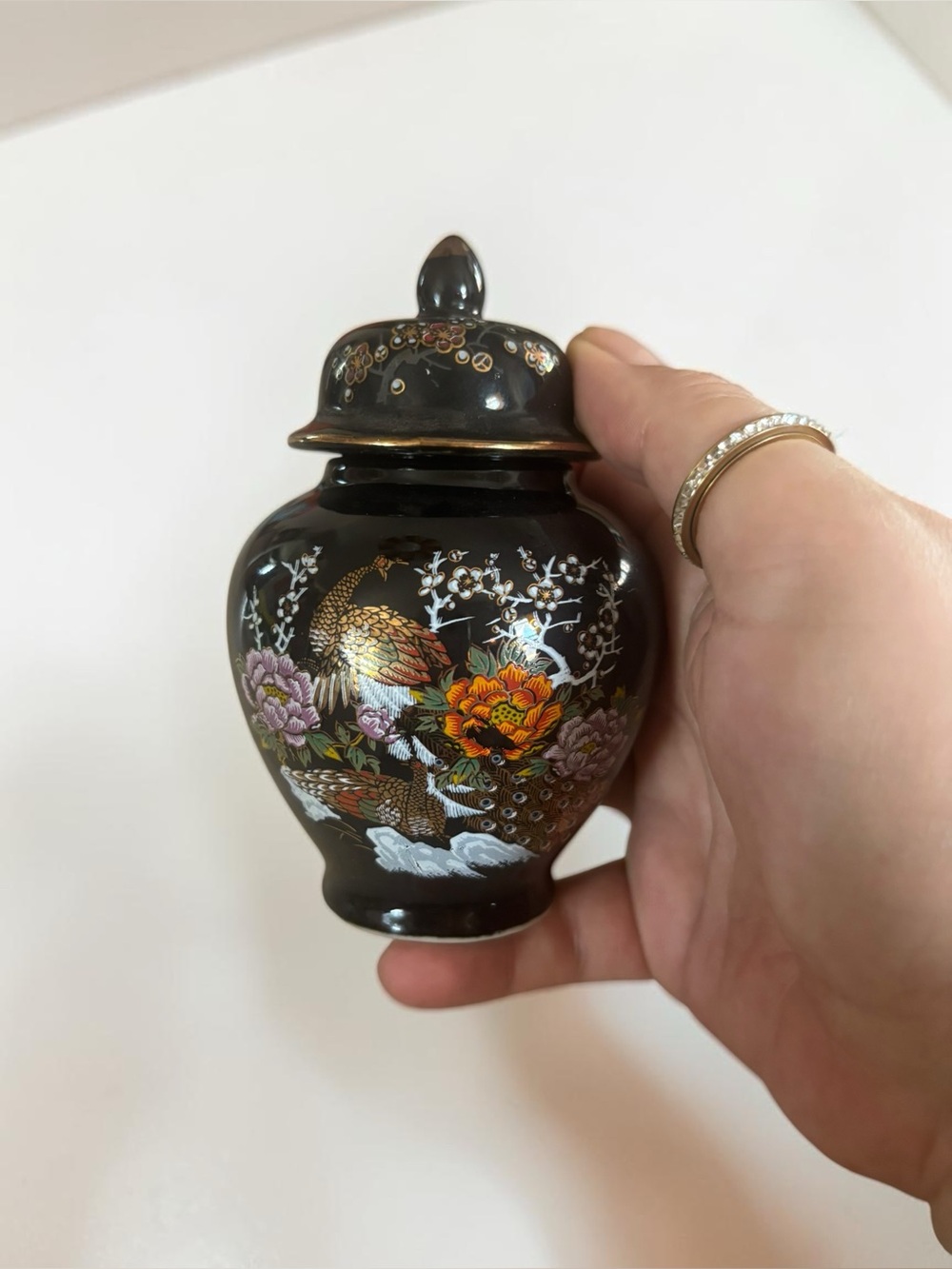 Vintage Black Peacock Ginger Jar with Lid Japanese Style Porcelain